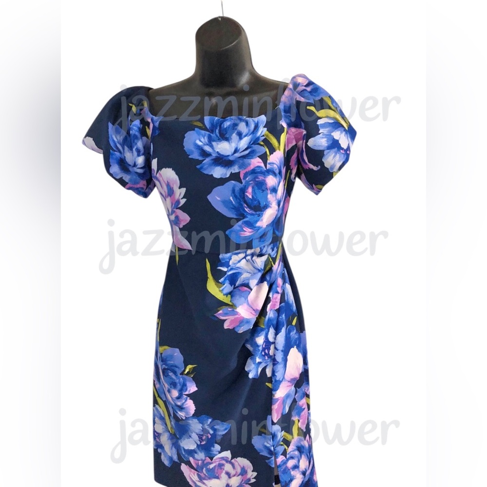 Eliza J blue floral puff sleeve off shoulder shirred cocktail dress size 8 new